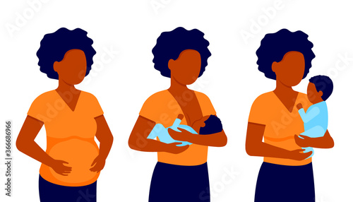 Pregnancy woman, breastfeeding, black mother feeding newborn baby with breast in hands. Expectant mother, motherhood. Child boy drinks milk from the female breast. Breast feeding, mother day. Vector