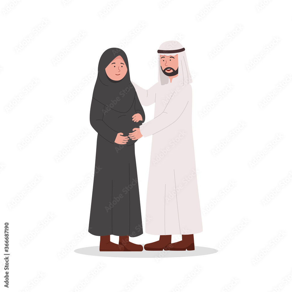 Happy Arabian Couple With Pregnant Wife Cartoon Illustration