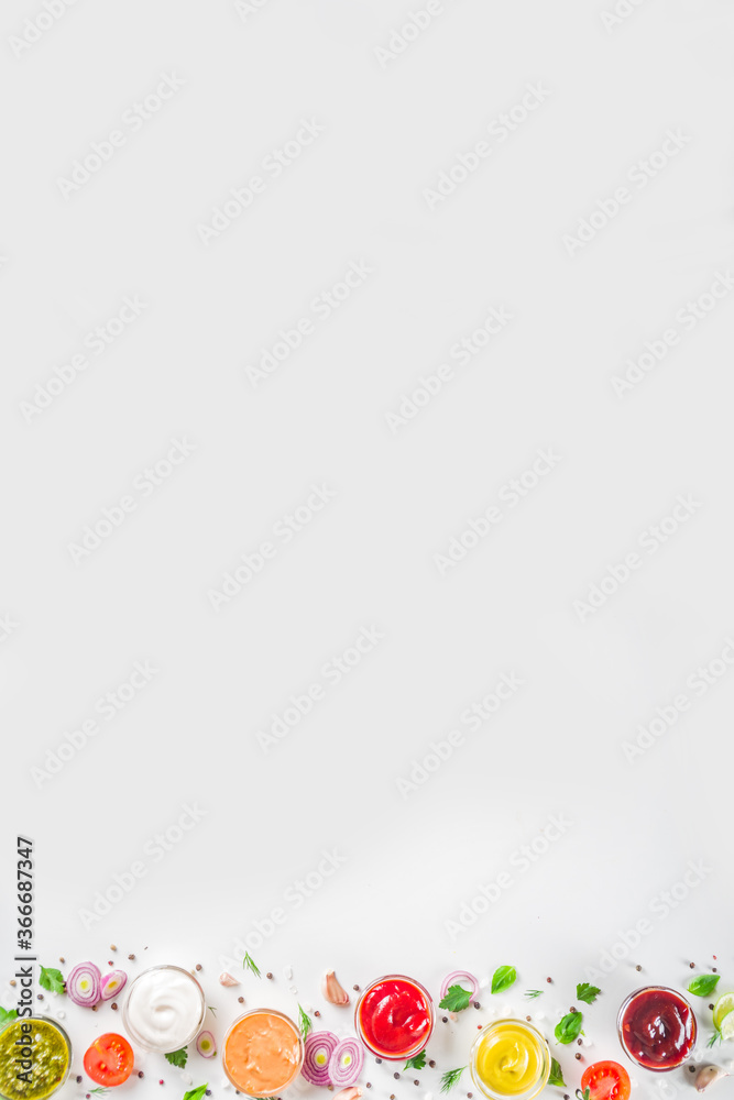 Set bowls of various dip and sauces