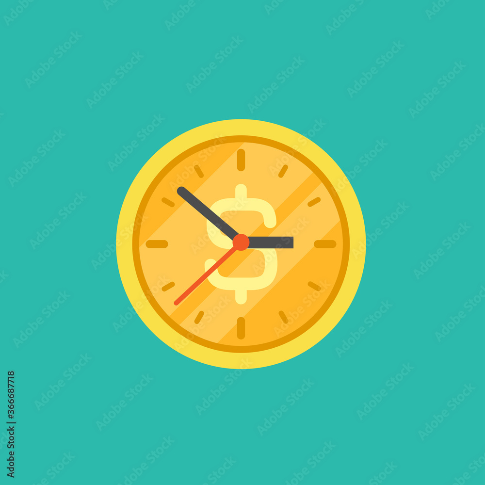 Gold coin clock with dollar sign. Flat icon isolated on powder blue. Gold coin clock with dollar sign. Flat icon isolated on powder blue.