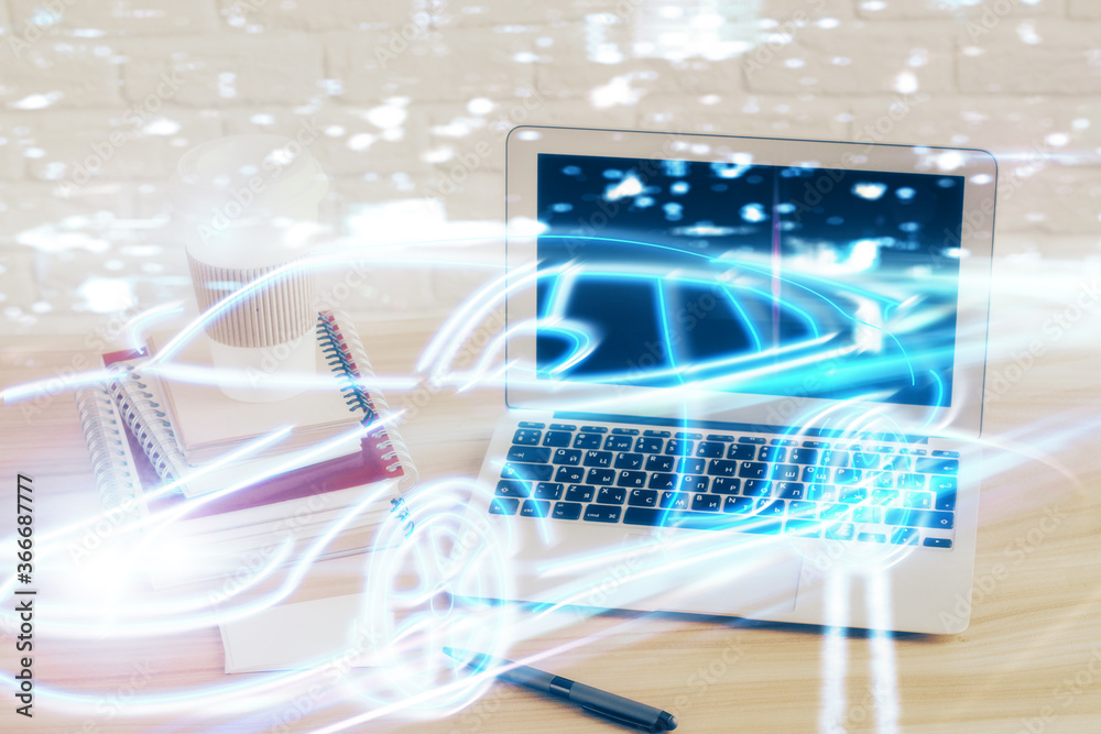 Desktop computer background in office with automobile hologram drawing. Multi exposure. Tech concept. Desktop computer background in office with automobile hologram drawing. Multi exposure. Tech concept.