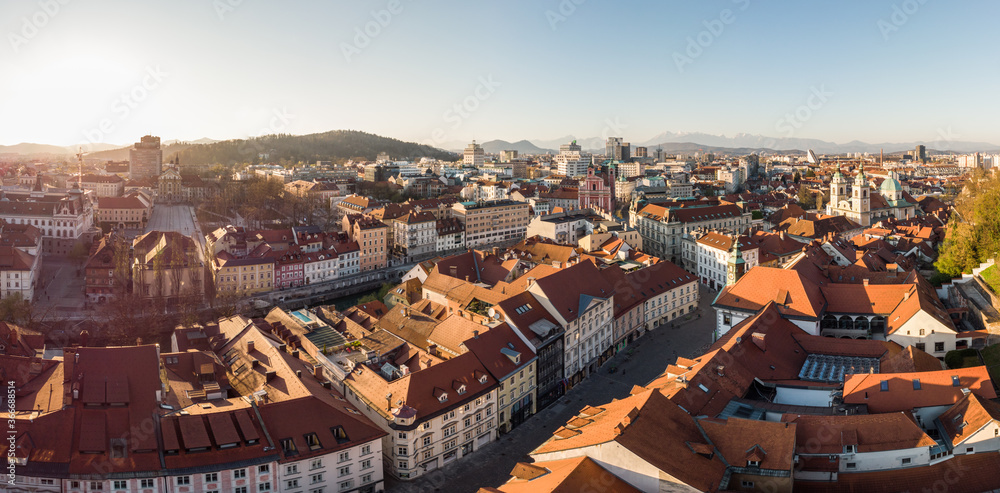 Panoramic view of Ljubljana, capital of Slovenia, at sunset. Empty streets of Slovenian capital during corona virus pandemic social distancing measures in 2020.