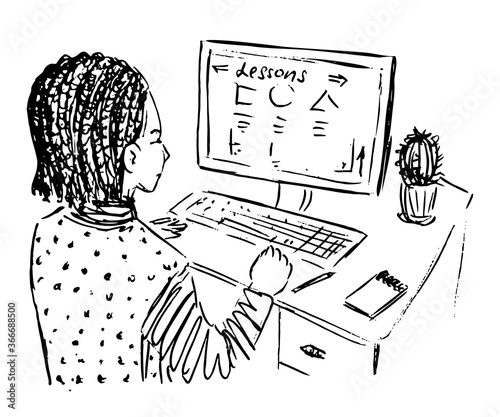 Boy with dreadlocks hairstyle sitting at home and studying lessons online on computer, table with cactus, back view, hand drawn ink doodle, sketch, black and white vector illustration