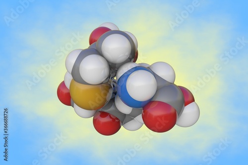 Molecular structure of cephalosporin. Atoms are represented as spheres with color coding: carbon (grey), oxygen (red), nitrogen (blue), hydrogen (white), sulfur (yellow). 3d illustration photo