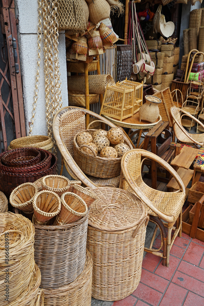 Rows and stacks of rattan weaving materials and furniture displayed on  handmade craft store- Chiang mai, Thailand Stock Photo | Adobe Stock