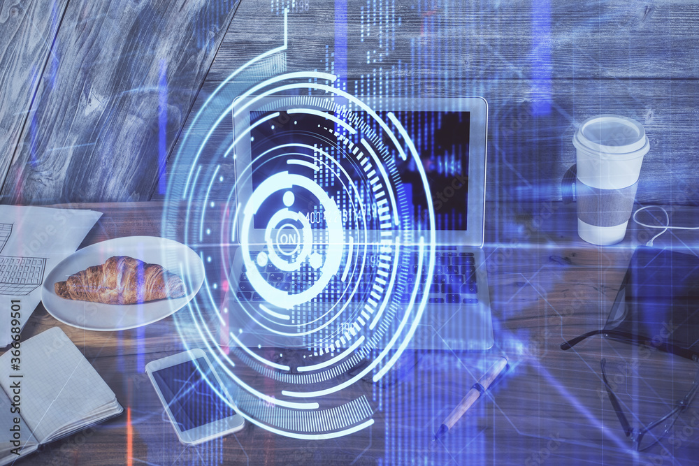 Double exposure of computer and technology theme hud. Concept of innovation. Double exposure of computer and technology theme hud. Concept of innovation.