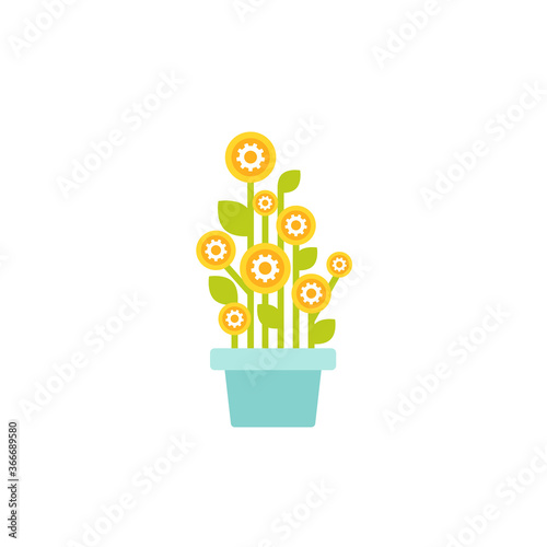 Tree in pot with golden gears. Skills set and support icon isolated on white.