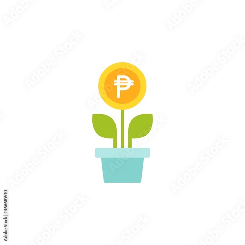 Plant in pot with green leaves and peso coin as a flower. vector icon. Income growth flat icon