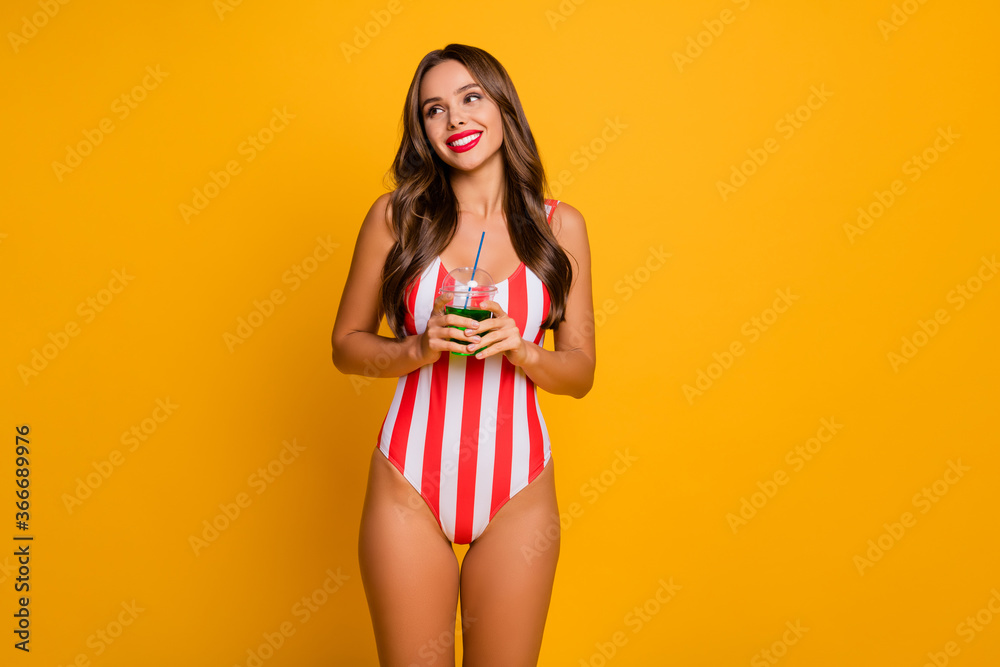 Portrait of her she nice attractive lovely glamorous chic fit slender slim cheerful girl tourist drinking juice exotic tour voyage abroad isolated on bright vivid shine vibrant yellow color background - obrazy, fototapety, plakaty 