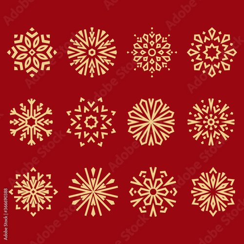 Snowflakes icon collection. Graphic modern gold and red ornament