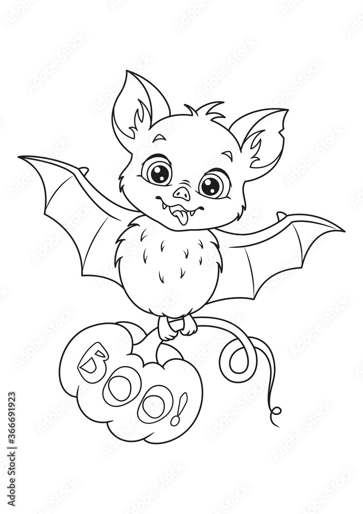 Cute Halloween bat with pumpkin Coloring Page. Black and white cartoon ...