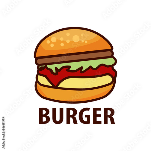Delicious burger flat icon and lettering inscription. Design template vector