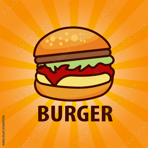 Burger fast food meal advertising poster with rays and lettering inscription. Delicious hamburger or cheeseburger promotional banner design temp. Design template vector