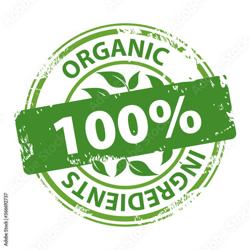 Organic Ingridients 100 percent green rubber stamp icon isolated on white background. Vector illustration