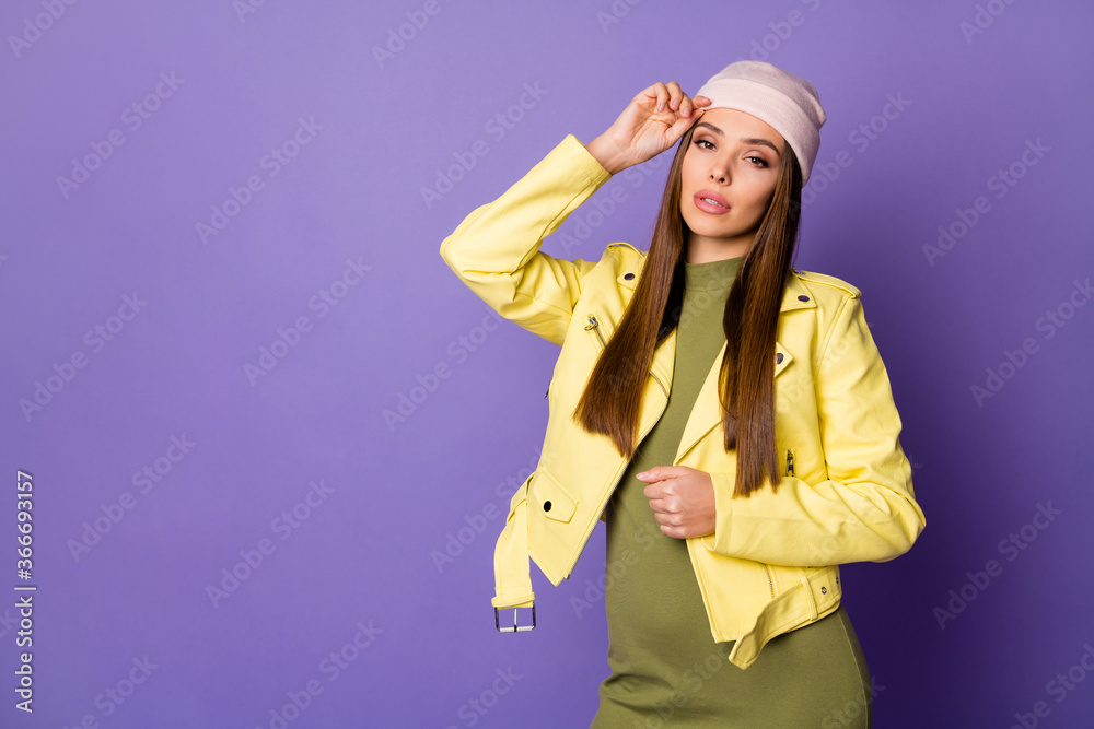 Portrait of her she nice-looking attractive lovely feminine chic winsome lovable girl posing isolated over bright vivid shine vibrant lilac purple violet color background Portrait of her she nice-looking attractive lovely feminine chic winsome lovable girl posing isolated over bright vivid shine vibrant lilac purple violet color background