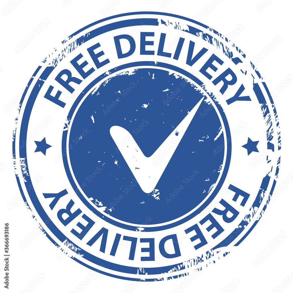 Free Delivery blue rubber stamp icon with tick symbol isolated on white background. Free Delivery blue rubber stamp icon with tick symbol isolated on white background.