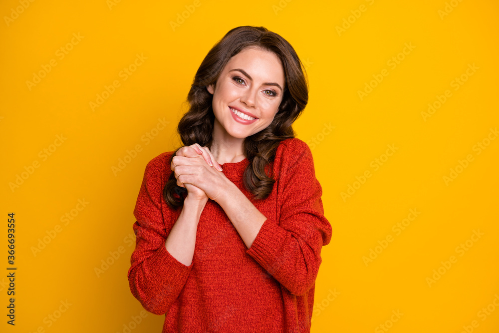 Close-up portrait of her she nice-looking attractive lovely pretty cute kind cheerful cheery wavy-haired girl enjoying good luck isolated on bright vivid shine vibrant yellow color background Close-up portrait of her she nice-looking attractive lovely pretty cute kind cheerful cheery wavy-haired girl enjoying good luck isolated on bright vivid shine vibrant yellow color background
