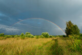 Sunny field just after the rain with the double rainbow in the dark blue sky. Horizontal image.