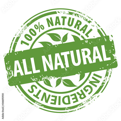 All Natural Organic Ingredients 100 percent green rubber stamp icon isolated on white background.