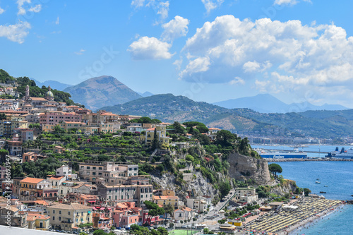 Amalfi coast and houses on the mountain facing the sea.