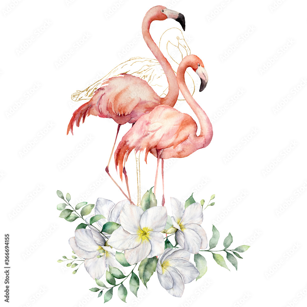 Naklejka premium Watercolor tropical card with pink flamingos and white plumeria bouquet. Hand painted tropical flowers and leaves isolated on white background. Floral illustration for design, print, fabric.
