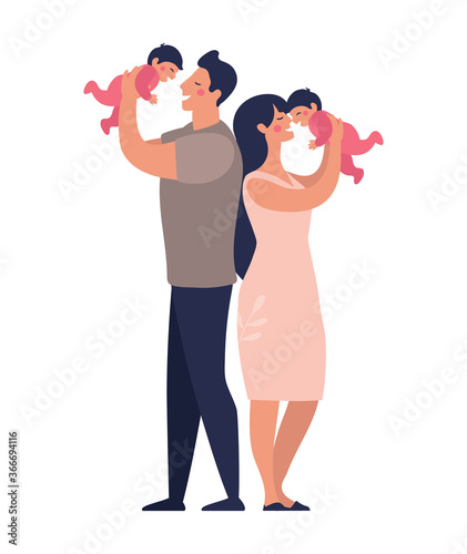 Young parents play with twins. Happy dad and mom hold children in their arms. Flat vector illustration in cartoon style.