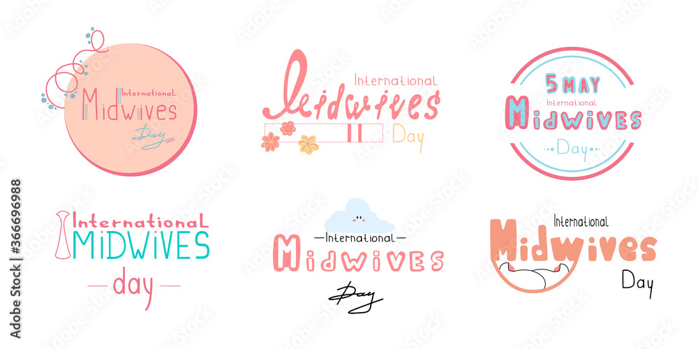 International Midwife Day May 5th. Vector set of logo design, badge, banner. Bright hand-drawn text for a greeting card isolated on a white background. International Midwife Day May 5th. Vector set of logo design, badge, banner. Bright hand-drawn text for a greeting card isolated on a white background.