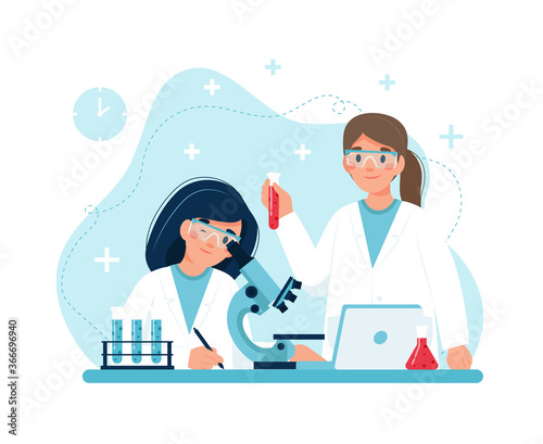 Scientist at work, characters conducting experiments in lab. Vector illustration in flat style