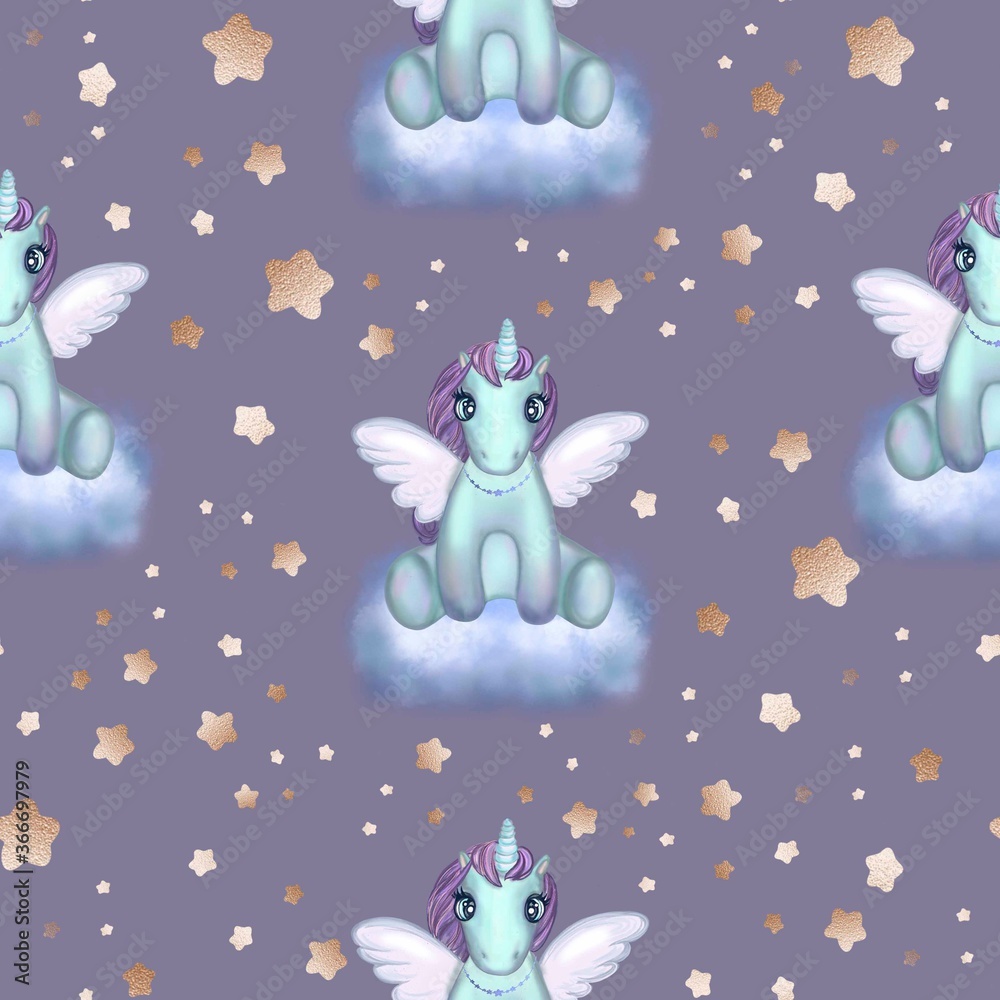 Magic cute unicorn on cloud with golden stars seamless pattern. Hand drawn baby horse sit on blue cloud seamless pattern on purple background. Trendy kids illustration design for wallpaper, background