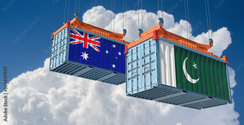 Freight containers with Pakistan and Australian flag. 3D Rendering 