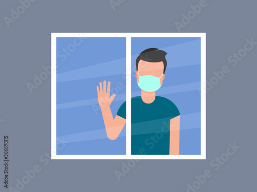 Man with medical mask looking through the window. Self isolation, quarantine, stay at home concept. Covid 19 anxiety and depression. Coronavirus prevention. Vector illustration, flat, clip art. 