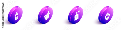 Set Isometric Spray can for hairspray, Mortar and pestle, Perfume and Perfume icon. Vector.