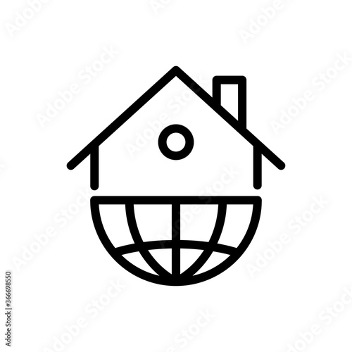 Concepto Real Estate. Logotipo lineal casa en globo terráqueo en color negro