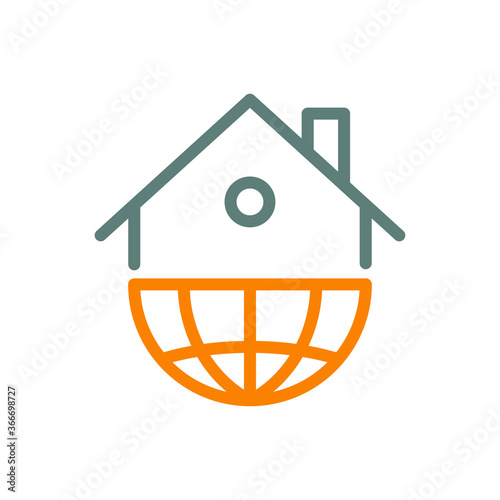 Concepto Real Estate. Logotipo lineal casa en globo terráqueo en naranja y gris