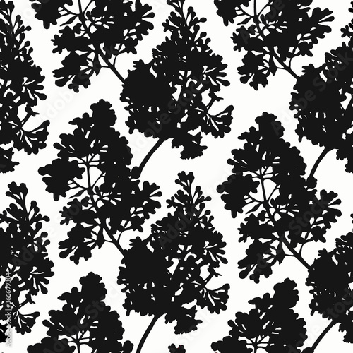 Abstract seamless black and white pattern with silhouettes of lilac flowers. Spectacular botanical print for fabric, design, wallpaper or wrapping paper.