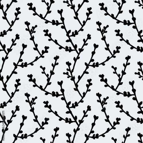 Contrast botanical seamless pattern with silhouettes of twigs on a gray background. Elegant print for fabric, design, wrapping paper or wallpaper.