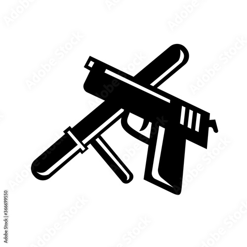 Crossed Police Baton Truncheon and Hand Gun Retro Black and White