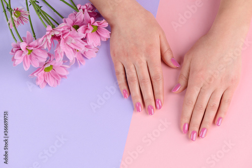 Hand with well-groomed nails. Pale pink nail polish and fresh spring flowers