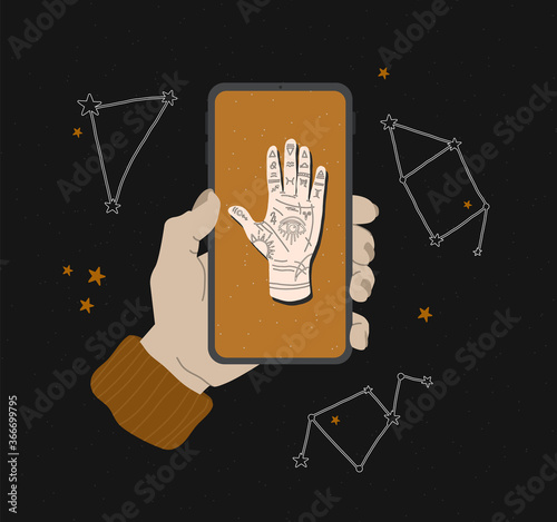 Vector mystical illustration of mudra hand with zodiac signs. Astrological and esoteric concept. Heromancy with the all-seeing eye. Stock graphics for website design, applications and print on fabric
