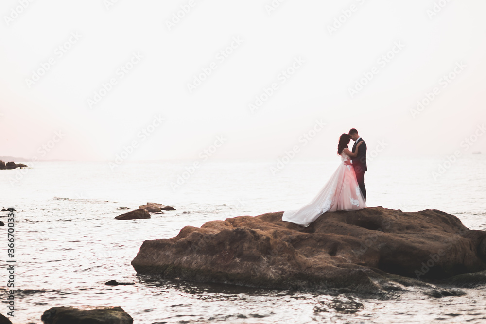 Elegant stylish happy wedding couple, bride, gorgeous groom on the background of sea and sky