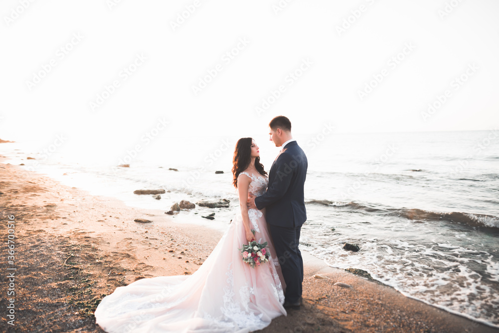 Happy wedding couple staying over beautiful landscape Happy wedding couple staying over beautiful landscape