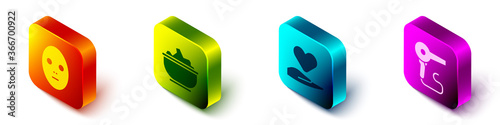 Set Isometric Facial cosmetic mask, Sea salt in a bowl, Heart on hand and Hair dryer icon. Vector.