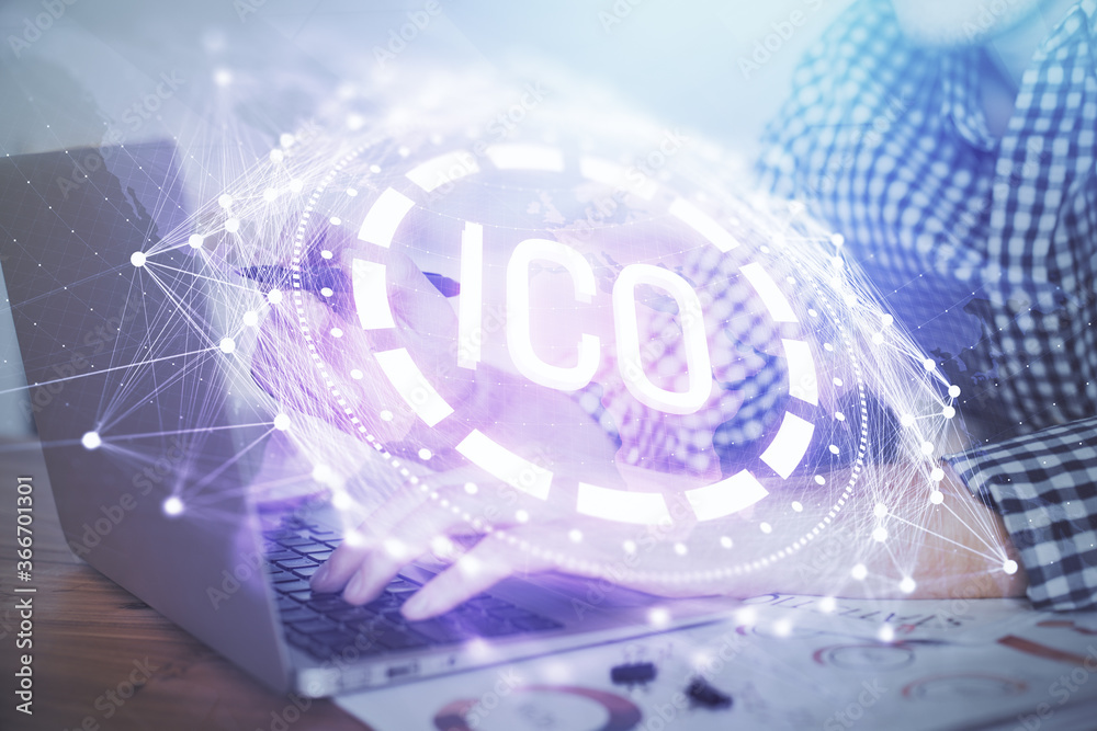 Blockchain theme hologram with man working on computer on background. Concept of crypto chain. Double exposure. Blockchain theme hologram with man working on computer on background. Concept of crypto chain. Double exposure.
