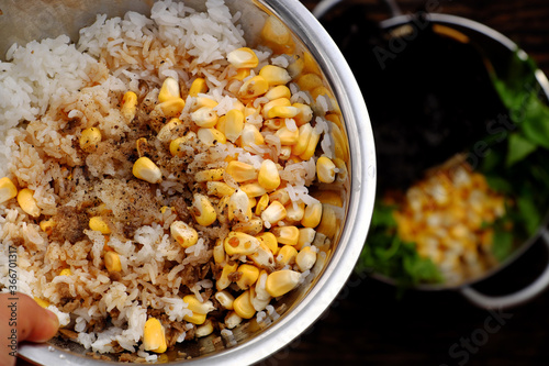 raw material for Vietnamese vegan fried rice with yellow corn, food ingredient ready to cook