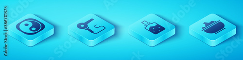 Set Isometric Yin Yang, Hair dryer, Sea salt in a bowl and Spa salt icon. Vector.