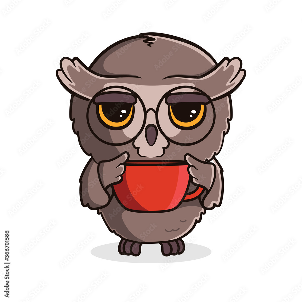 Cute cartoon owl with a cup of tea or coffee isolated on white background. Vector illustration