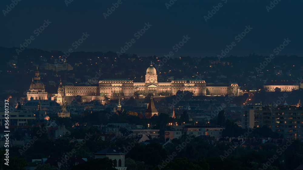 Buda royal castle panoramic photo. St Stephen basilica dome Vajdahunyad castle towers and Buda royal castle in this picture from unique viewpoint