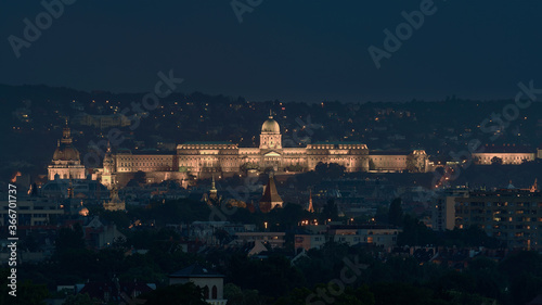 Buda royal castle panoramic photo. St Stephen basilica dome Vajdahunyad castle towers and Buda royal castle in this picture from unique viewpoint