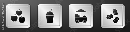 Set Apple, Milkshake, Fast street food cart and Chicken nuggets icon. Silver square button. Vector.