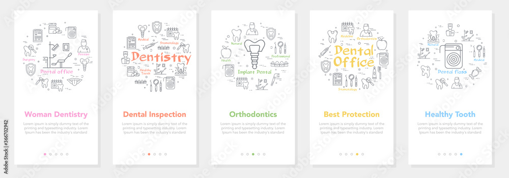Vertical five banners with line concept of dentistry - woman dentistry and orthdontics